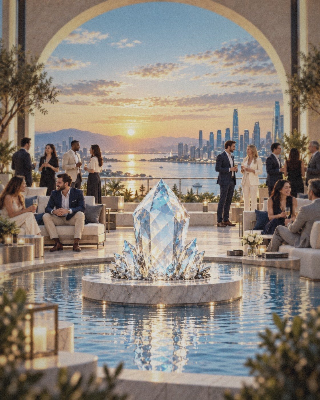Terraço elegante ao pôr do sol, com pessoas conversando ao redor de um grande cristal sobre a água